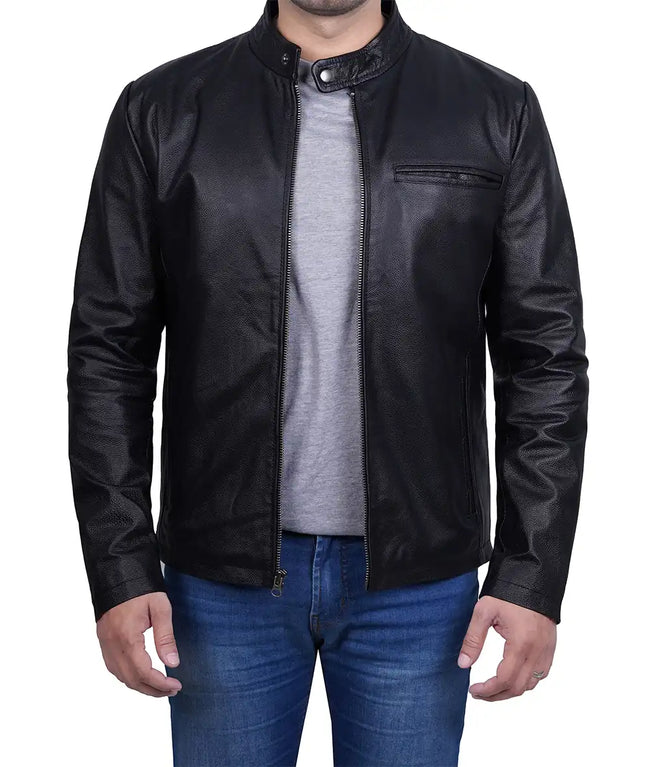 Black Snap Button Collar Cowhide Jacket Mens