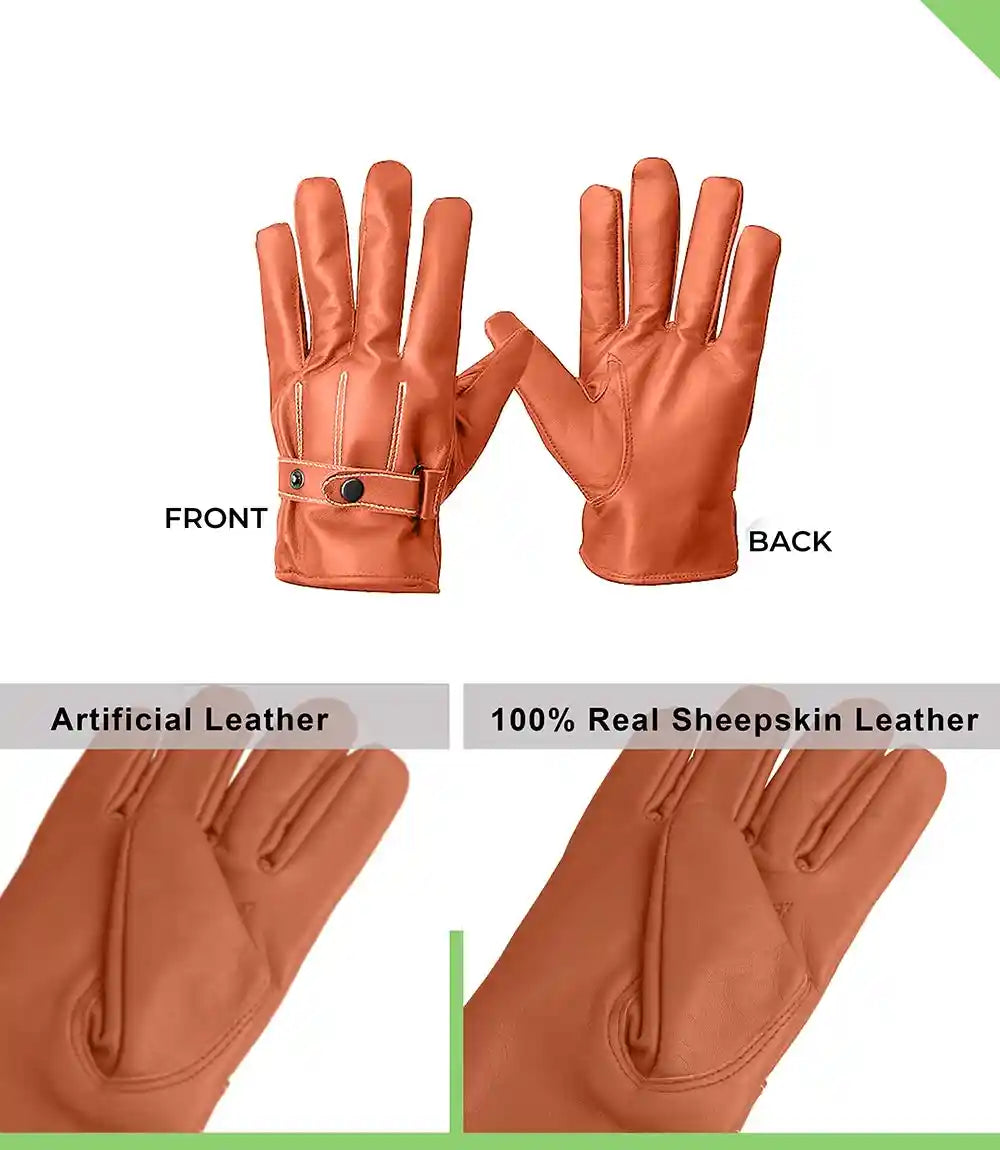 Mens Cognac Lined Real Leather Gloves