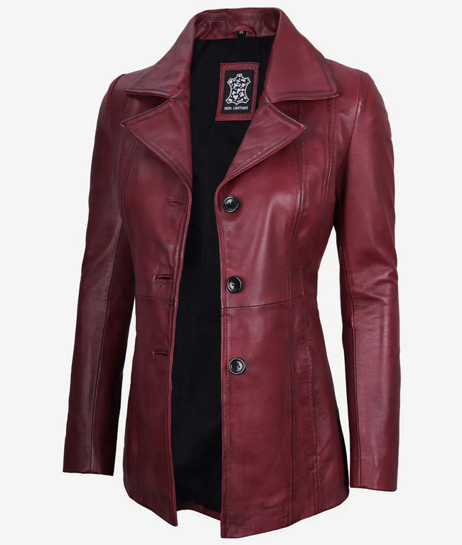 Womens Three Button Maroon Leather Blazer