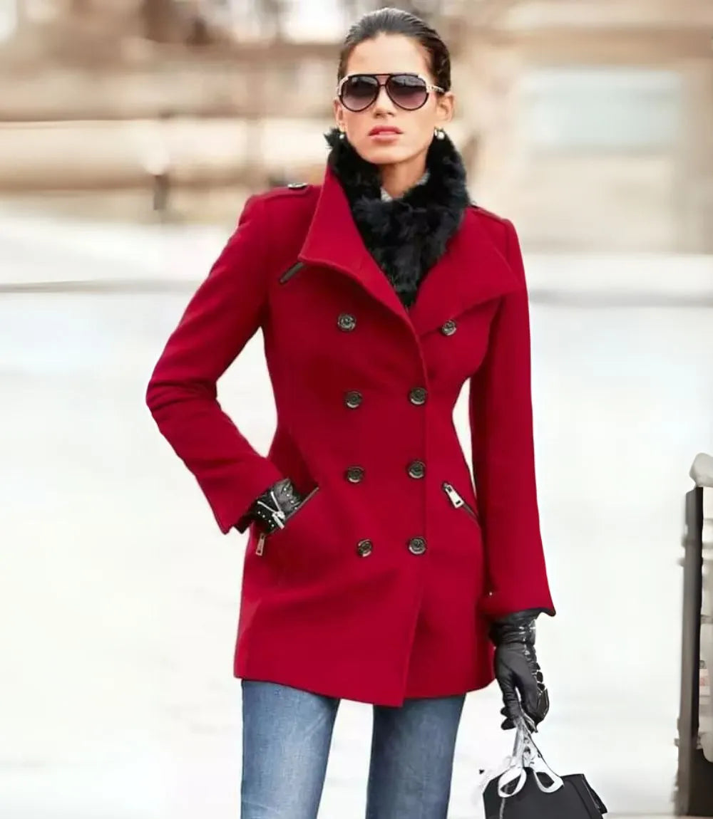 Womens Double Breasted Red Wool Peacoat