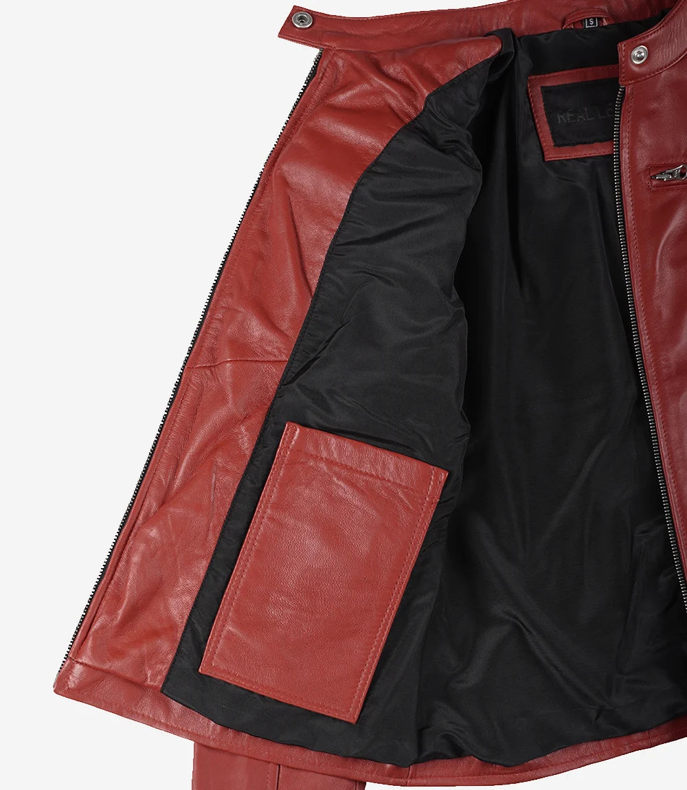 Womens Real Leather Red Moto Jacket
