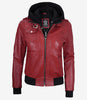Womens Red Hooded Bomber Leather Jacket