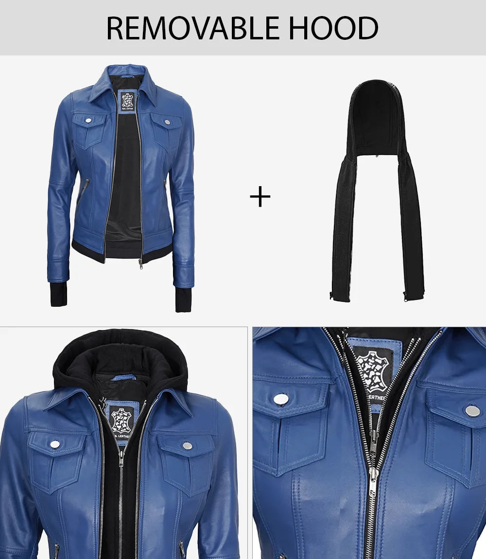Womens Blue Bomber Jacket With Hood