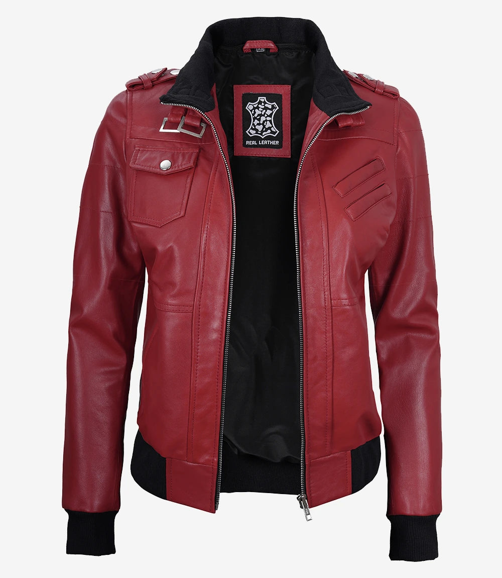 Womens Red Hooded Bomber Leather Jacket