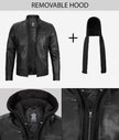 Mens Black Cafe Racer Leather Jacket With Detachable Hood