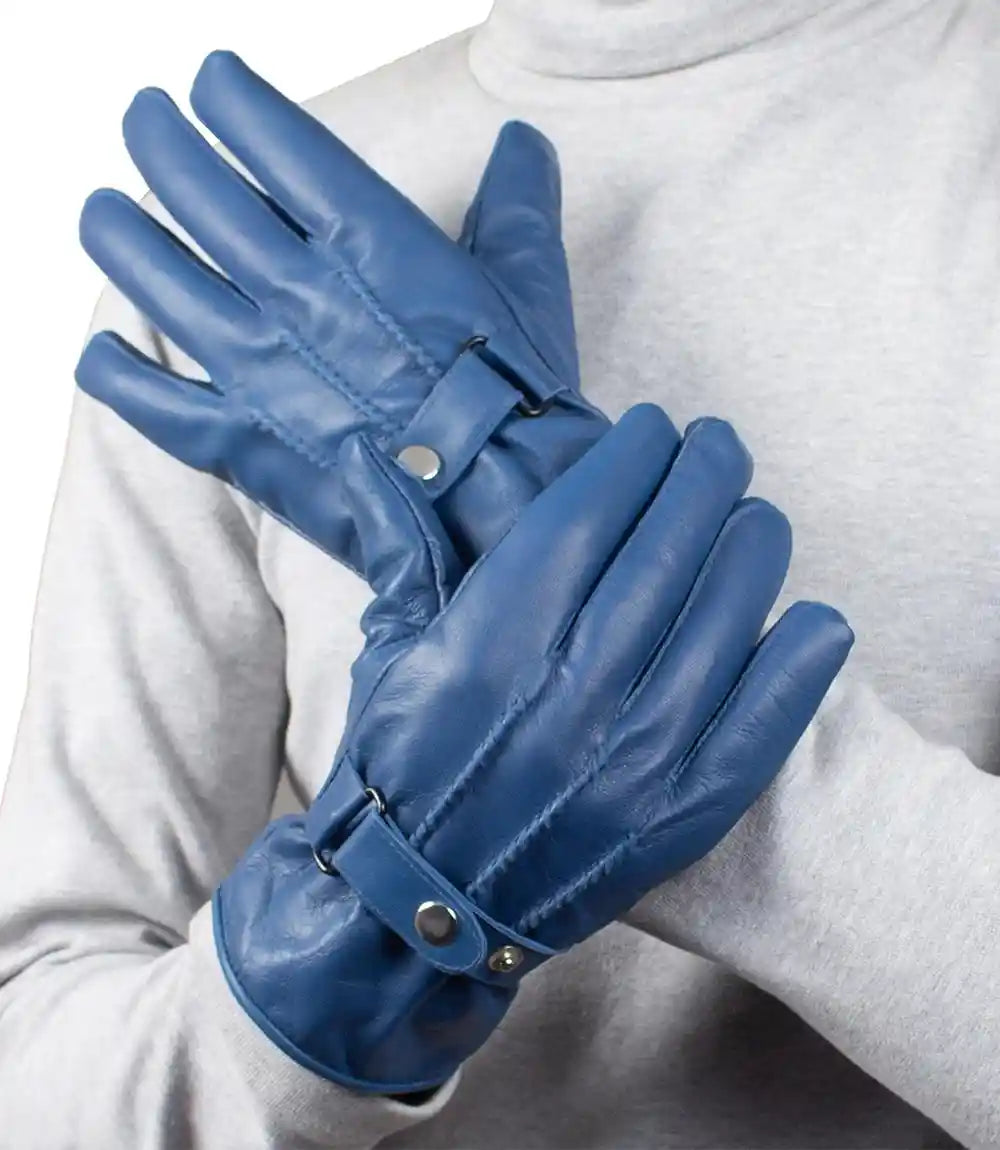 Mens Blue Real Leather Lined Gloves