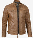 Mens Tall Camel Brown Quilted Leather Biker Jacket