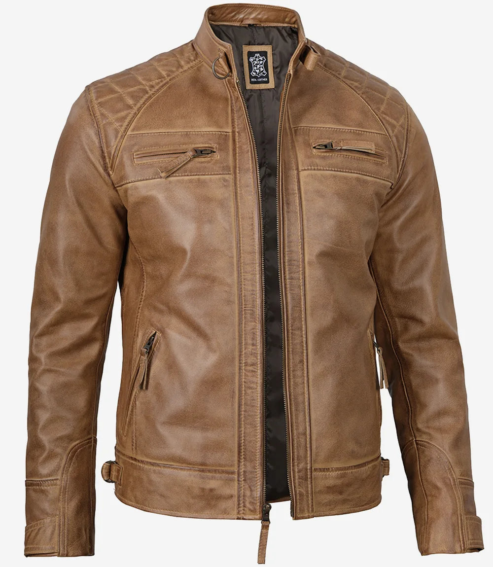 Mens Tall Camel Brown Quilted Leather Biker Jacket