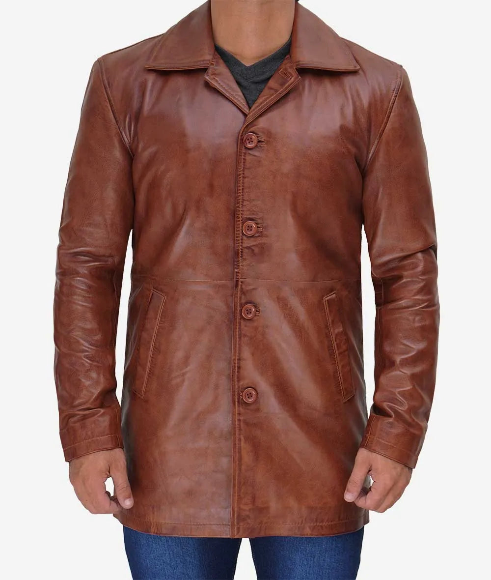 Mens Tall 3 4 Length Cognac Leather Car Coat
