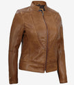 Womens Vintage Camel Leather Biker Jacket