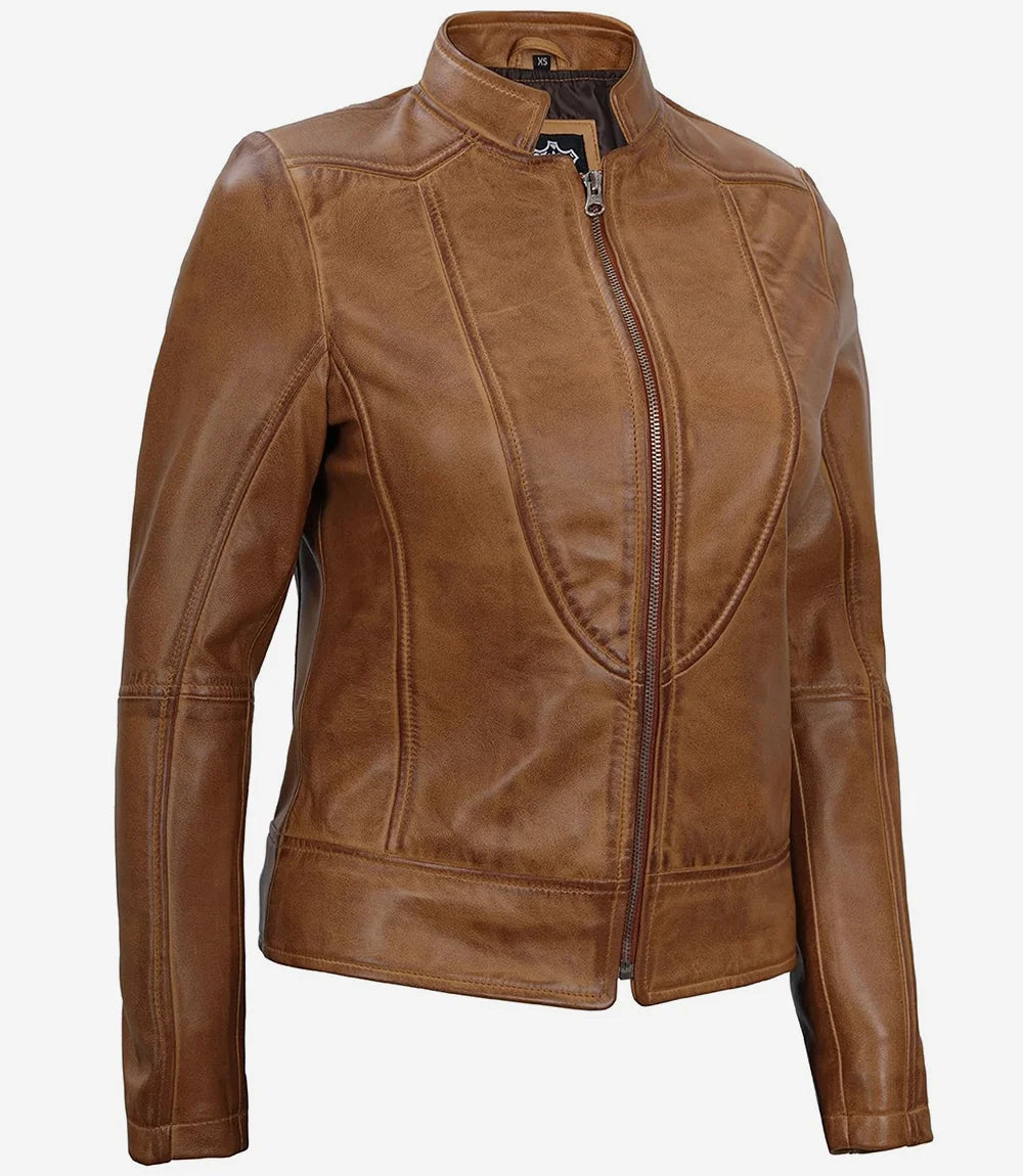 Womens Vintage Camel Leather Biker Jacket