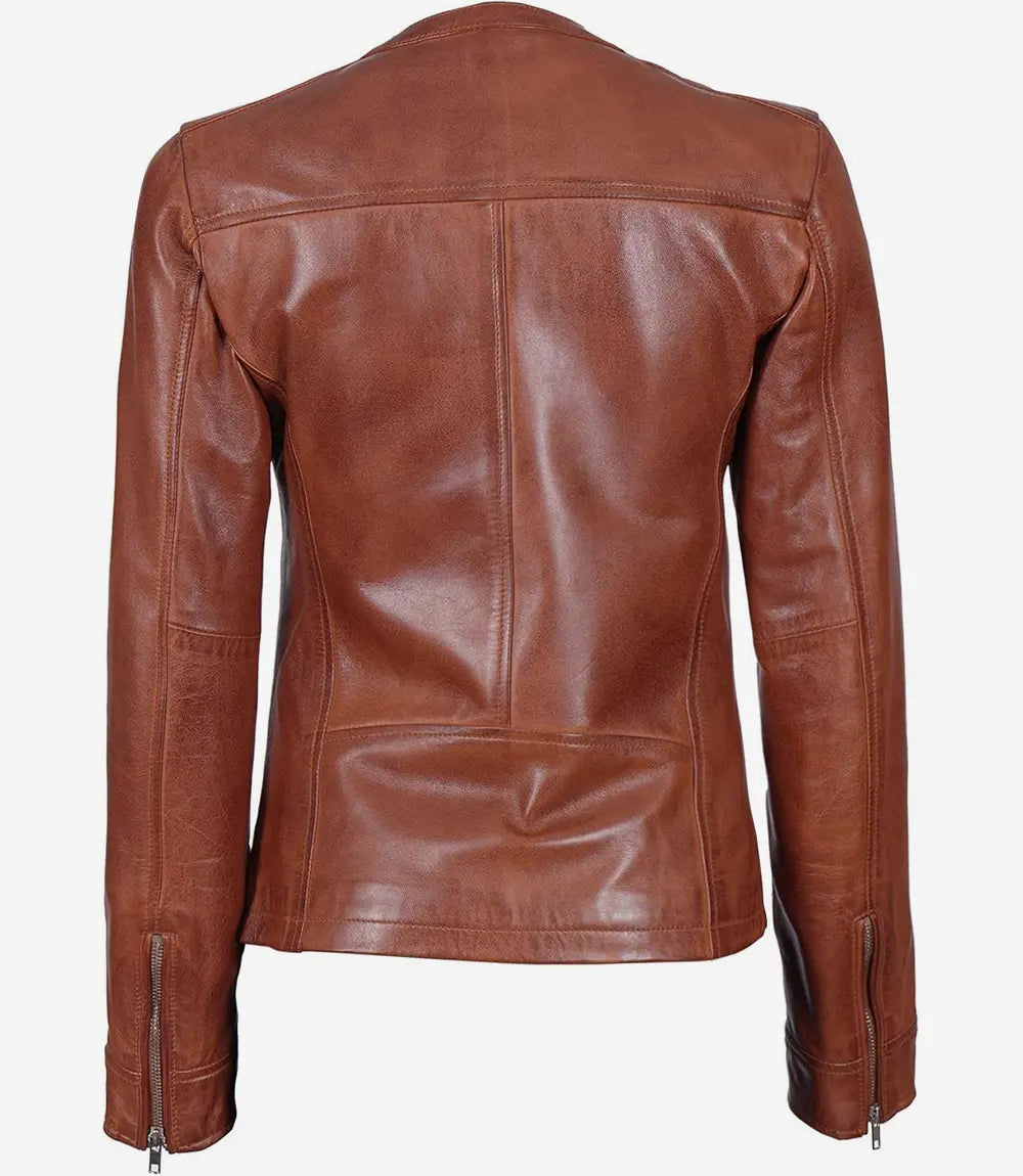 Womens Brown Textured Leather Biker Jacket
