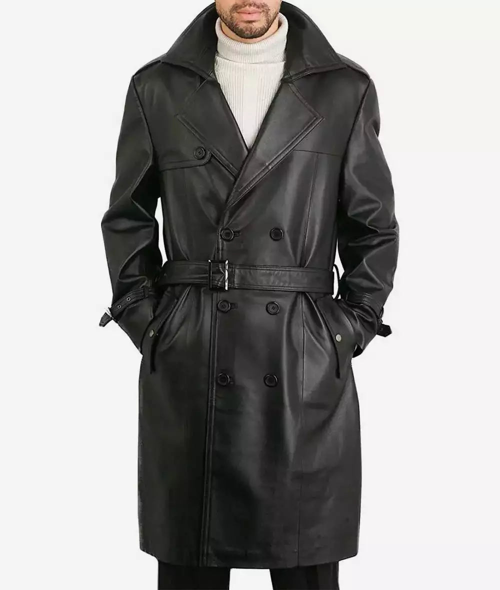 Augusta Guys Black Biker Style Double Breasted Pure Lambskin Leather Overcoat