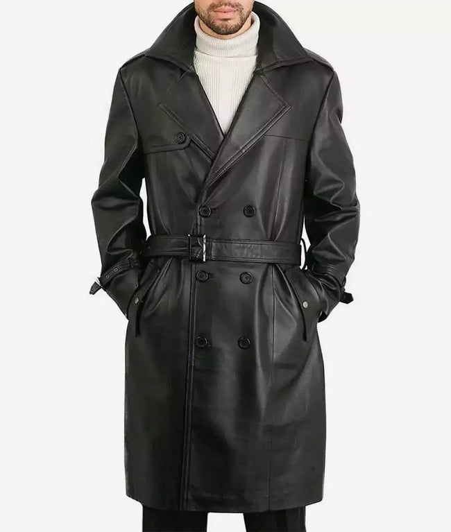 Augusta Guys Black Biker Style Double Breasted Pure Lambskin Leather Overcoat