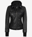 The Celeste: Womens Black Bomber Leather Jacket with Removable Hood