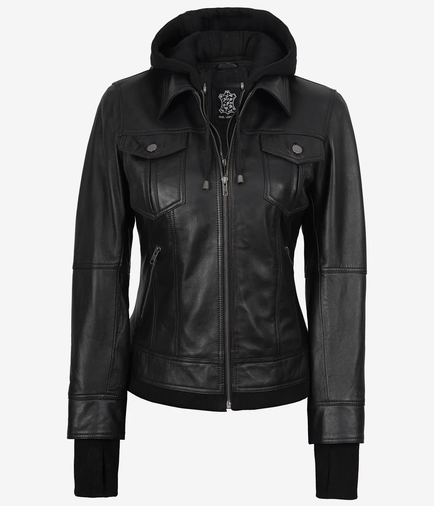 The Celeste: Womens Black Bomber Leather Jacket with Removable Hood