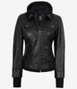 The Celeste: Womens Black Bomber Leather Jacket with Removable Hood
