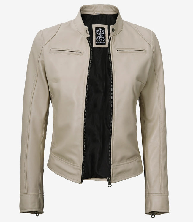 Womens Biker Racer Beige Leather Jacket