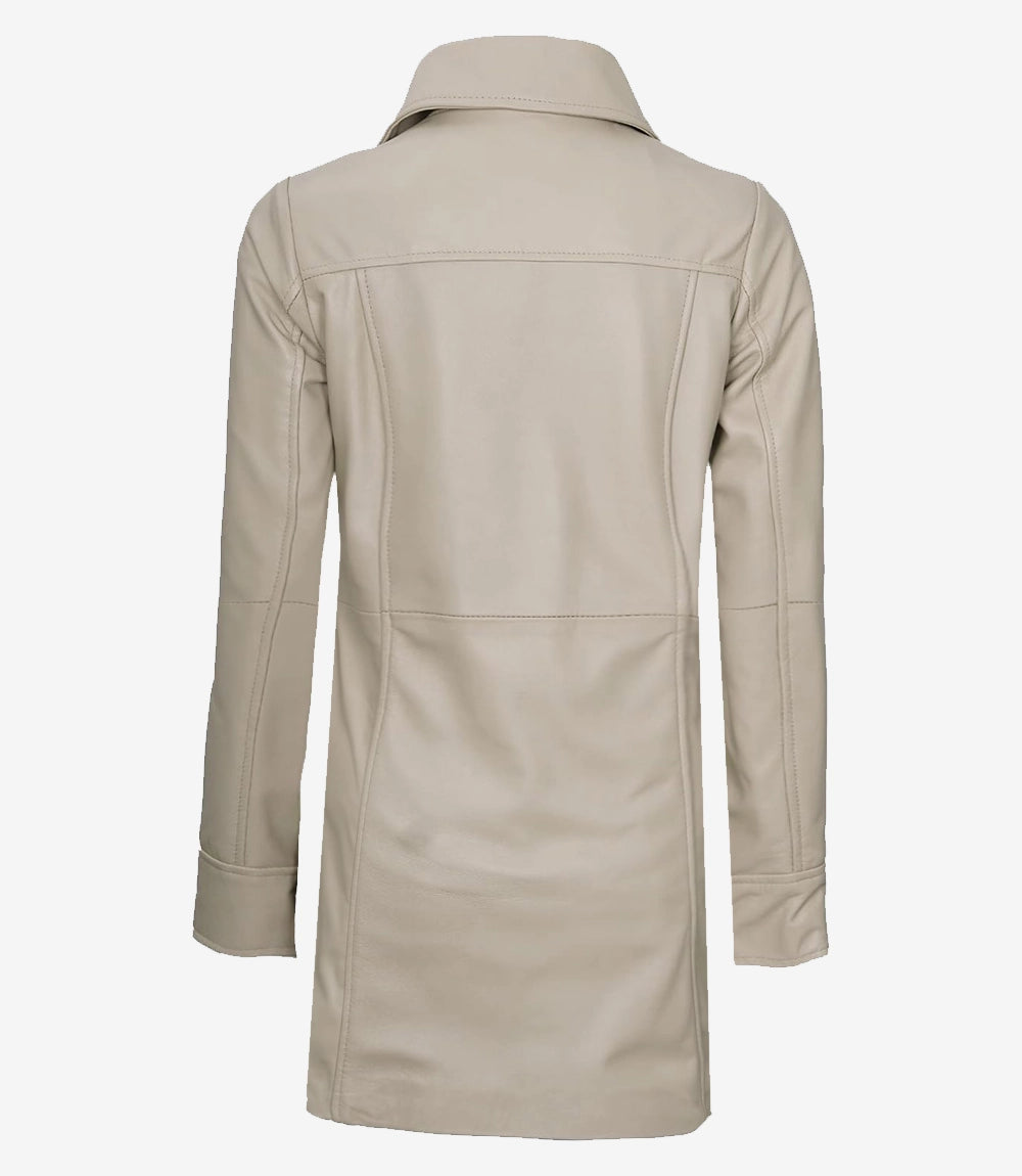 Womens Real Leather Beige Car Coat