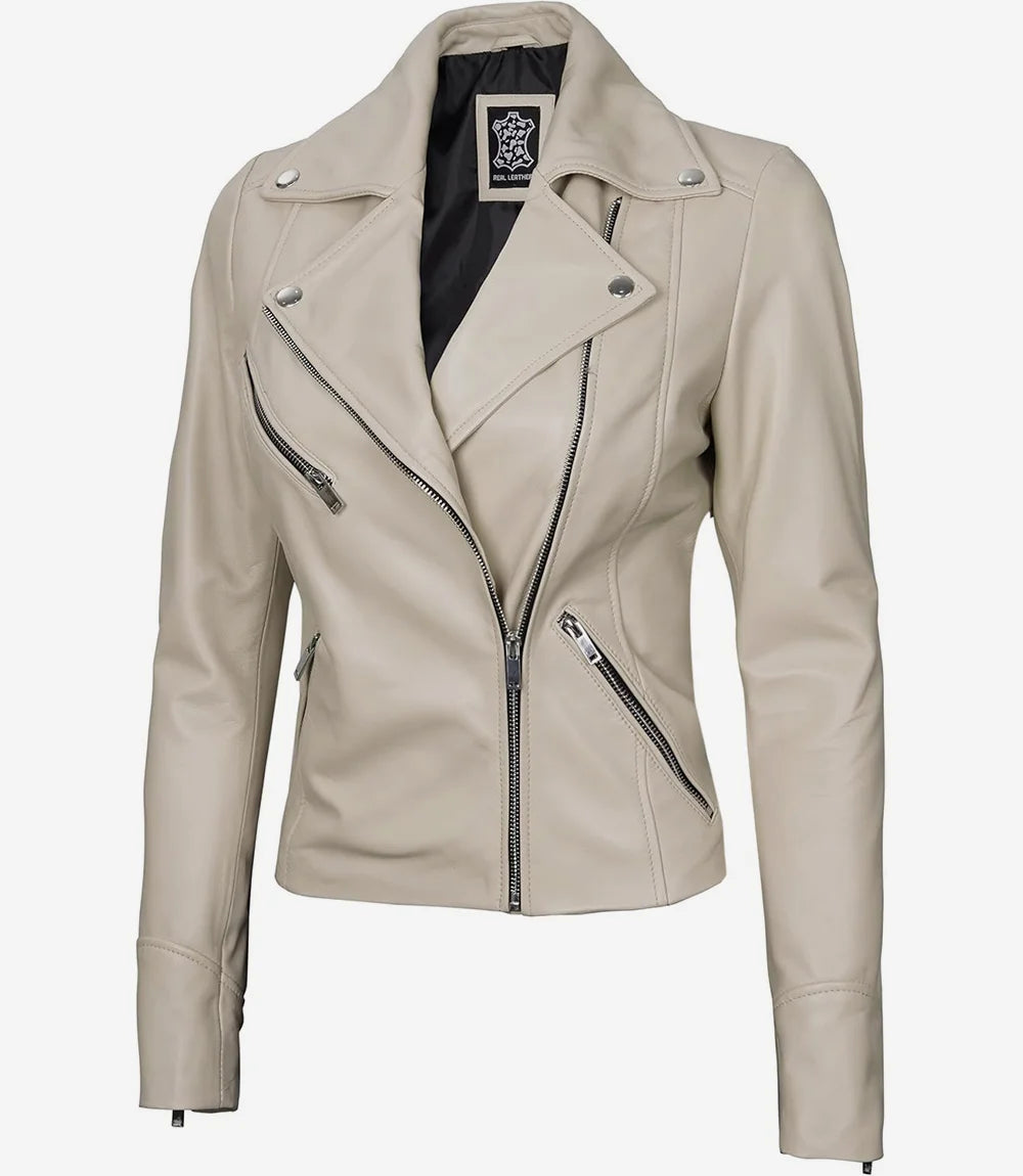 Womens Real Lambskin Leather Beige Moto Jacket