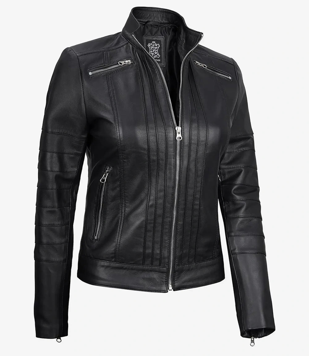 Womens Leather Black Cafe Racer Jacket