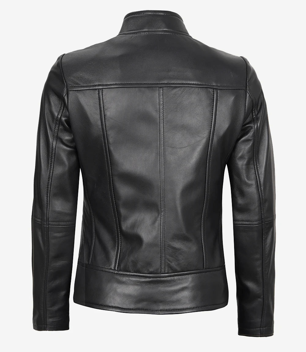 California Womens Black Leather Stand Up Collar Jacket