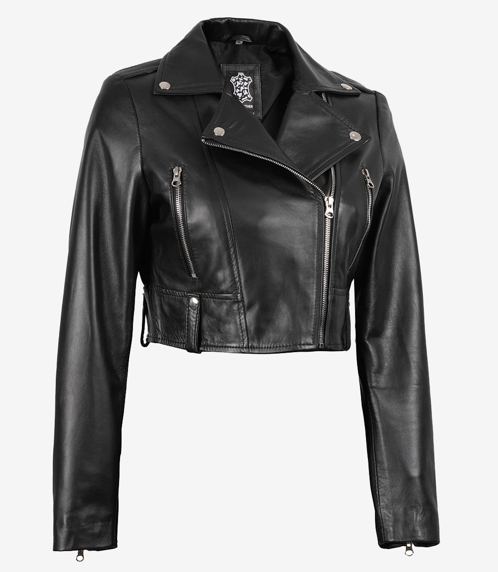 Womens Black Asymmetrical Cropped Leather Jacket
