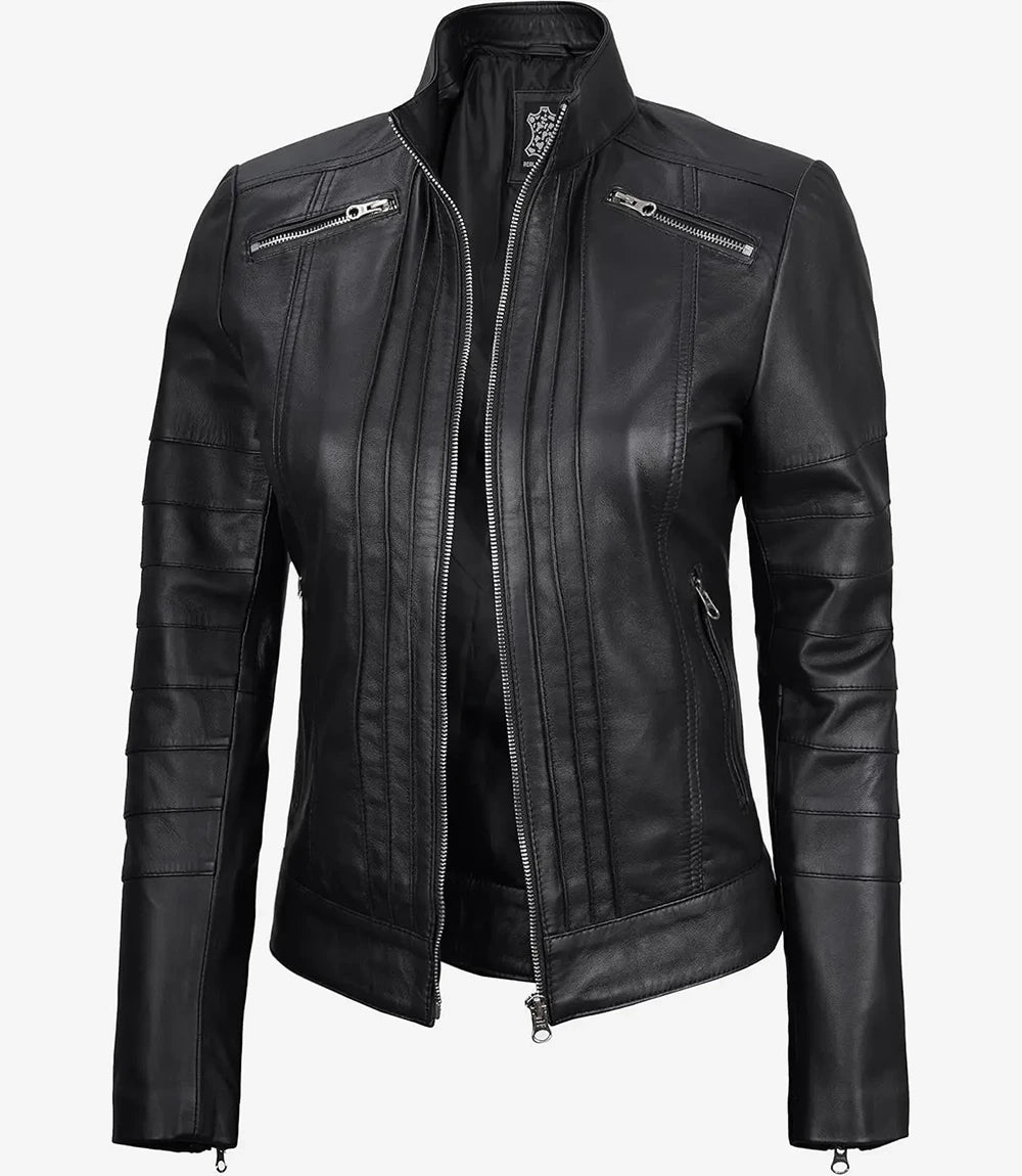 Womens Leather Black Cafe Racer Jacket