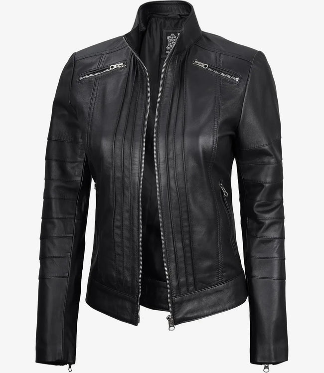 Womens Leather Black Cafe Racer Jacket
