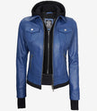 Womens Blue Bomber Jacket With Hood