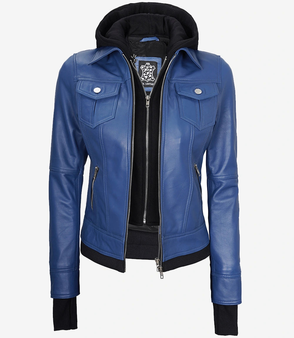 Womens Blue Bomber Jacket With Hood