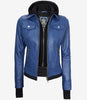Womens Blue Bomber Jacket With Hood