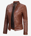 Womens Real Lambskin Leather Cognac Biker Jacket