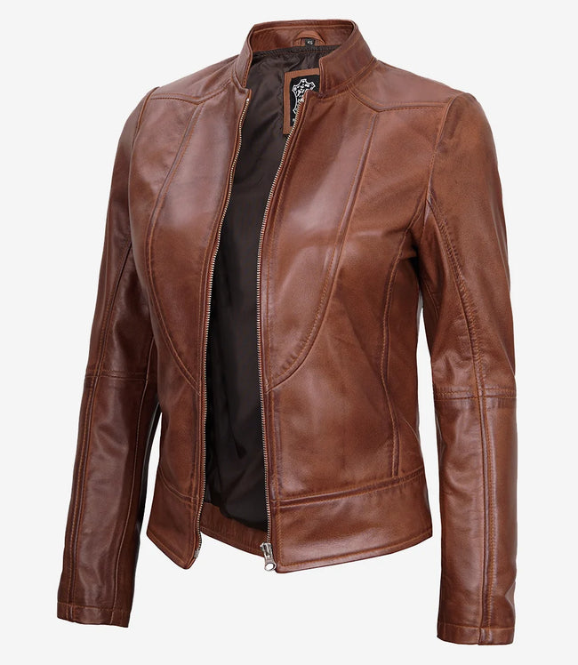 Womens Real Lambskin Leather Cognac Biker Jacket