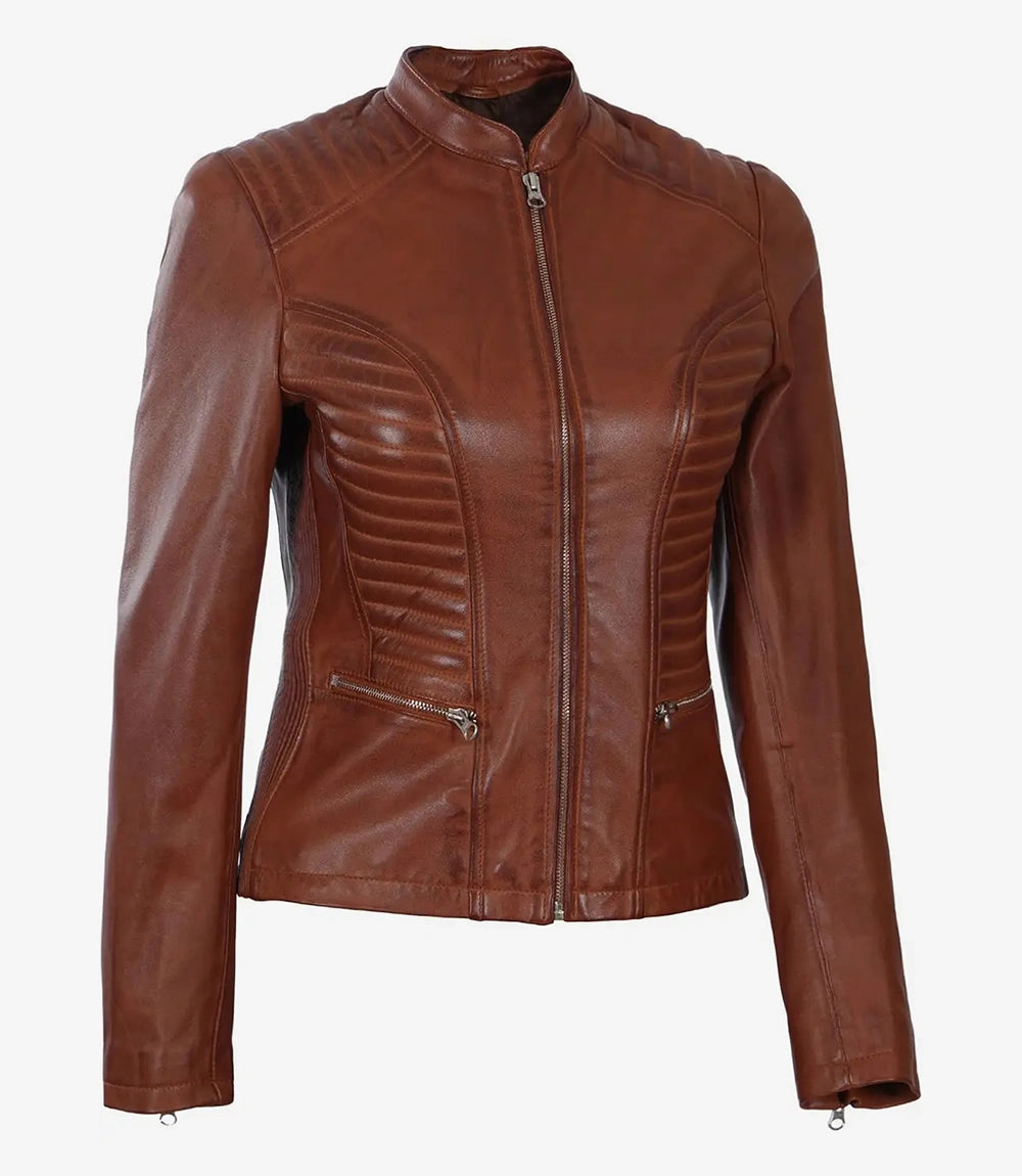 Womens Real Leather Cognac Biker Jacket