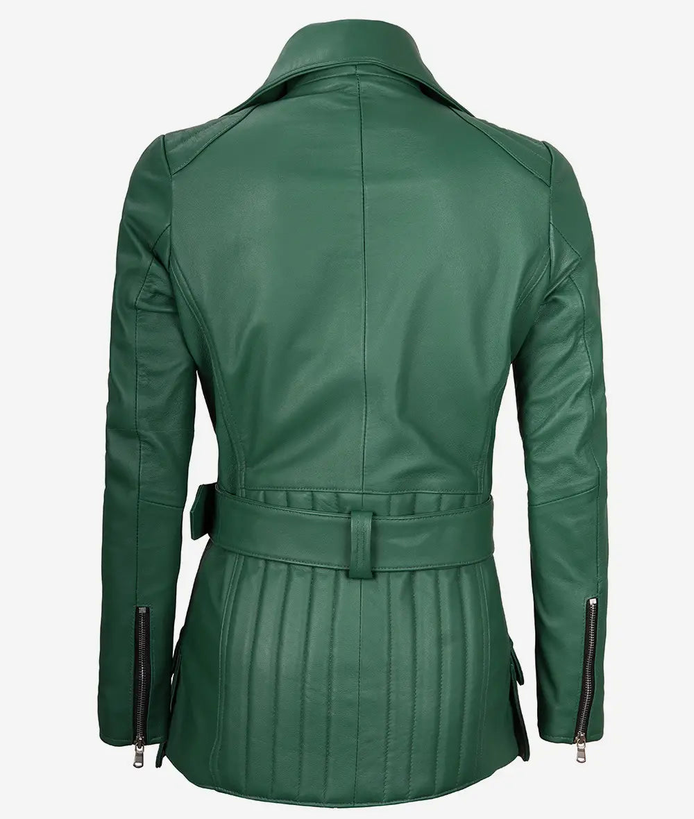 Womens Green Belted Moto Leather Jacket