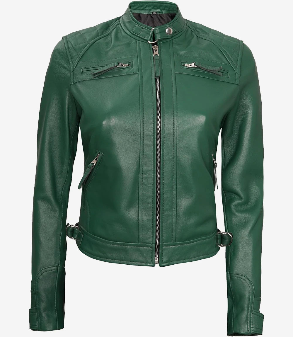 Womens Real Lambskin Leather Green Quilted Biker Jacket