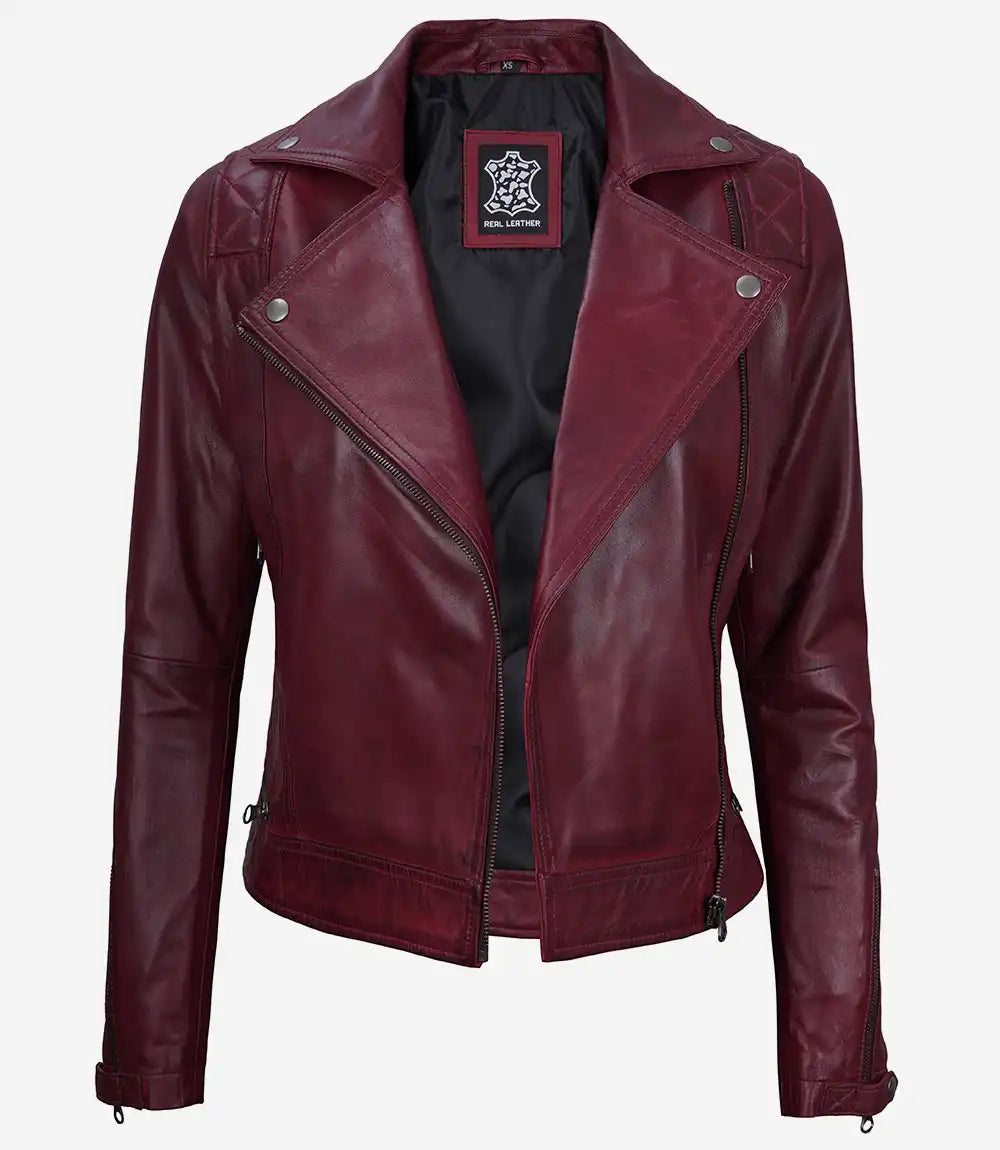 Womens Real Lambskin Leather Asymmetrical Maroon Moto Jacket