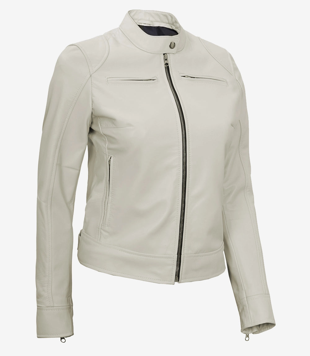 Womens Biker Racer White Leather Jacket