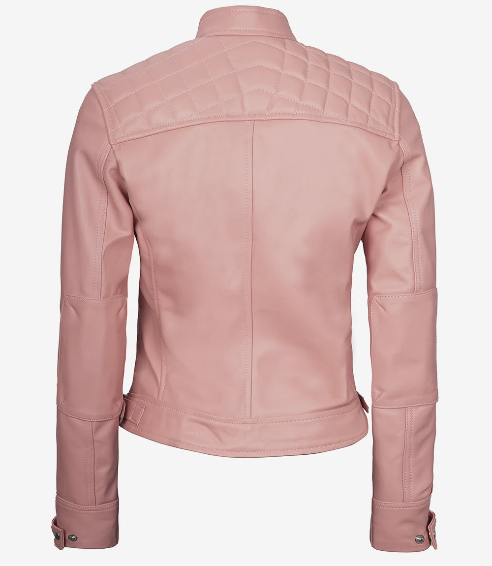 Womens Real Lambskin Leather Pink Quilted Biker Jacket