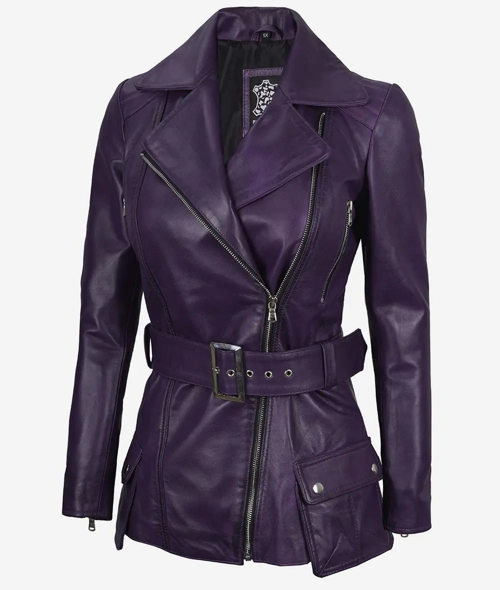 Womens Purple Belted Moto Leather Jacket