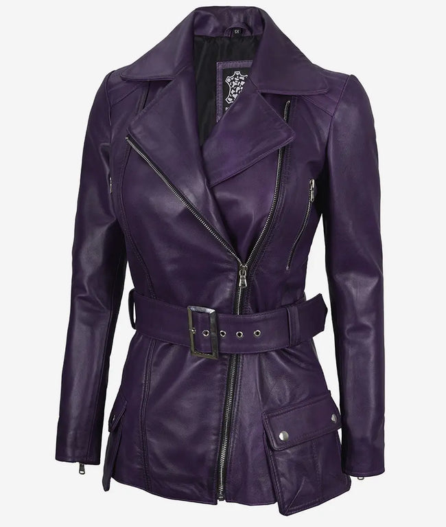 Womens Purple Belted Moto Leather Jacket