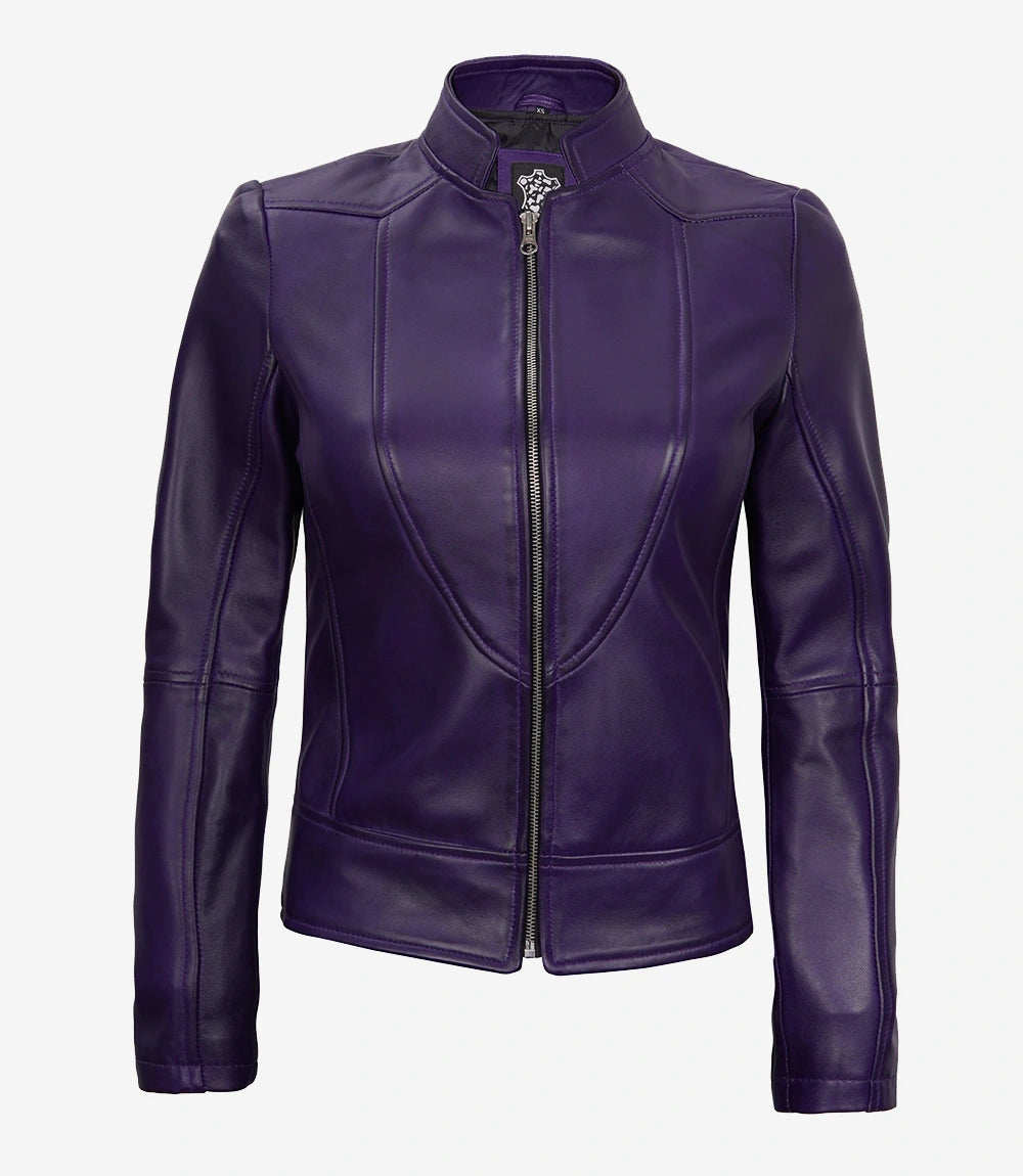 Womens Biker Cafe Racer Purple Leather Jacket