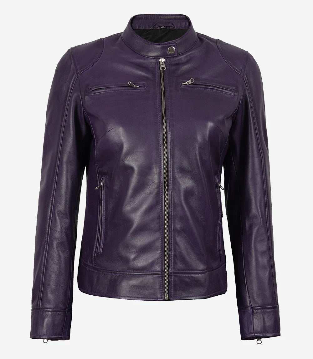 Womens Purple Real Leather Moto Jacket