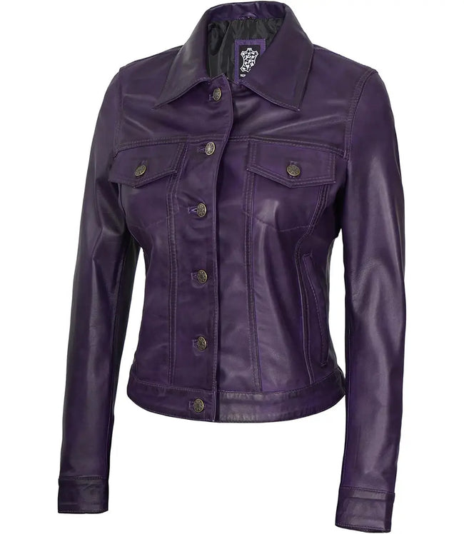 Womens Purple Trucker Leather Jacket