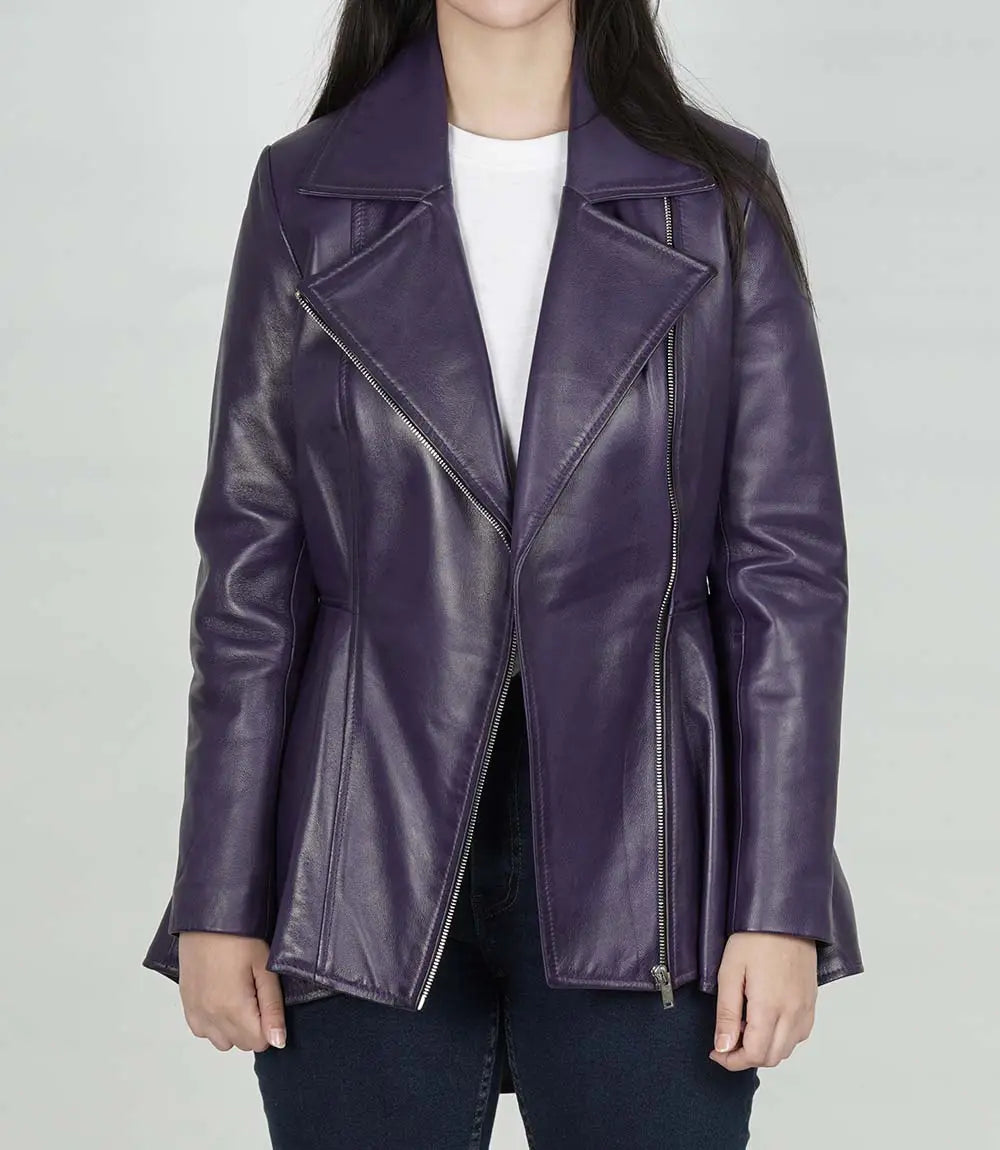 Womens Purple Leather Peplum Jacket