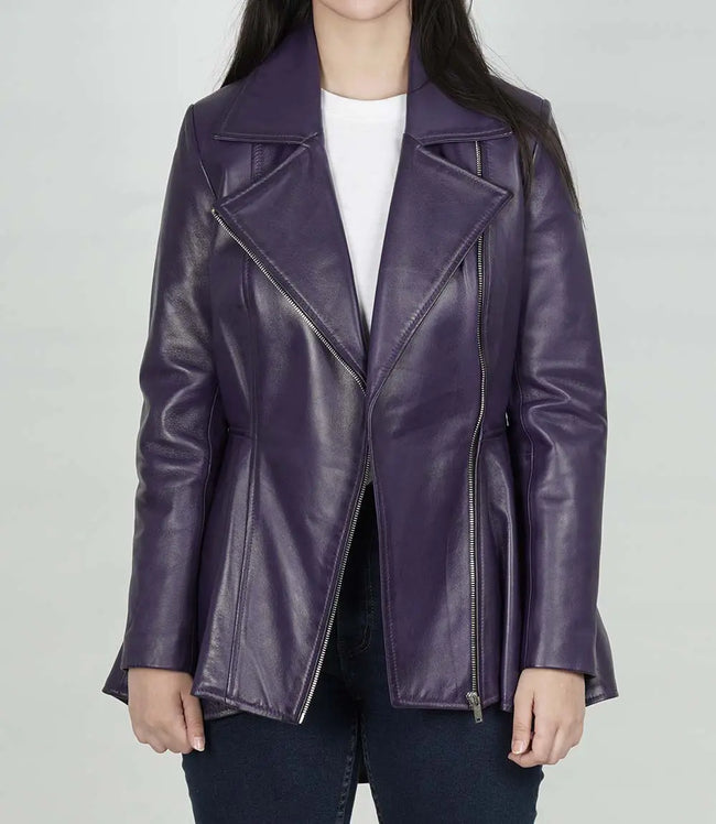 Womens Purple Leather Peplum Jacket