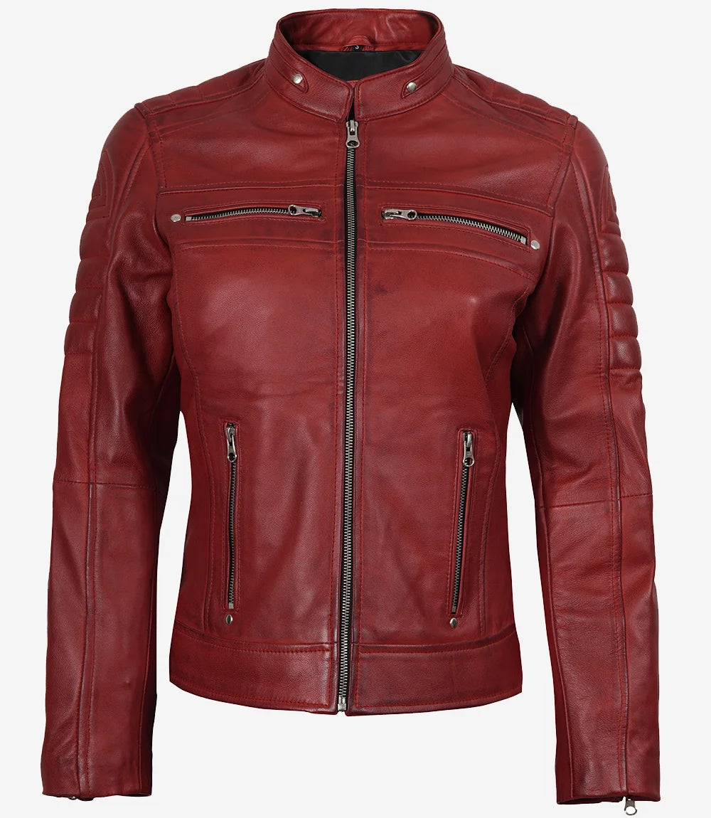 Womens Real Leather Red Cafe Racer Jacket