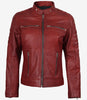 Womens Real Leather Red Cafe Racer Jacket