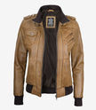 Womens Camel Brown Hooded Bomber Leather Jacket